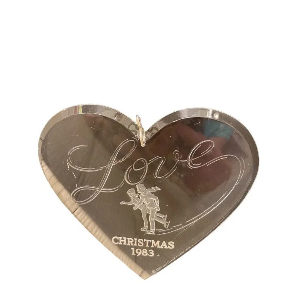 Clear Acrylic Christmas 1983 Ornament Love Ice Skaters Heart Shape 3 3/4